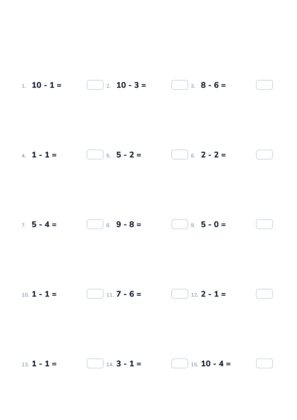 Math worksheet — Subtraction up to 10, easy (printable)