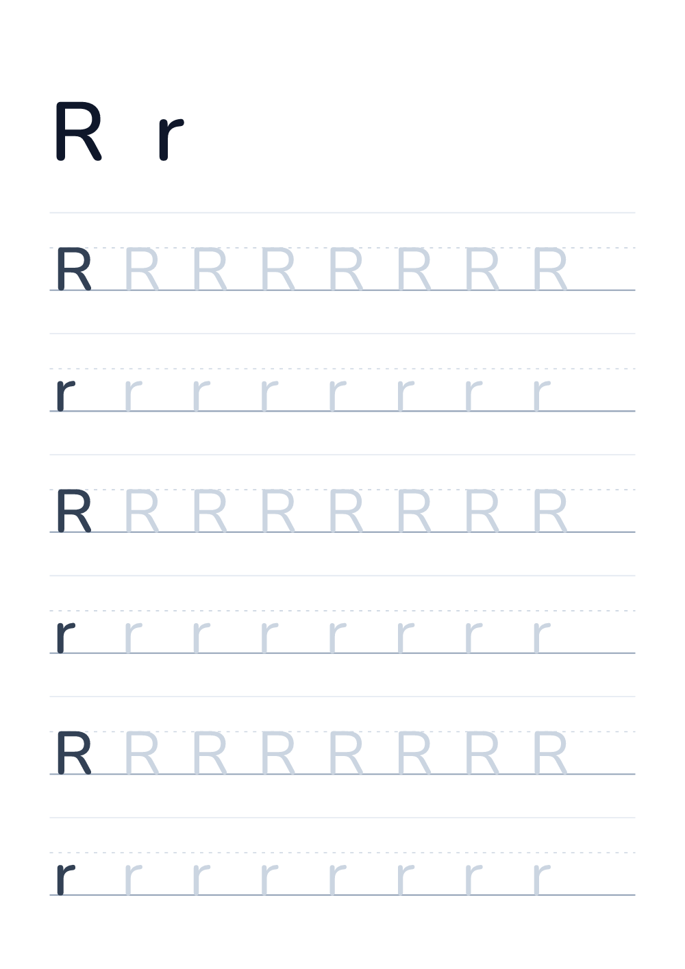 Imparare a scrivere la lettera R — alfabeto English (da stampare)
