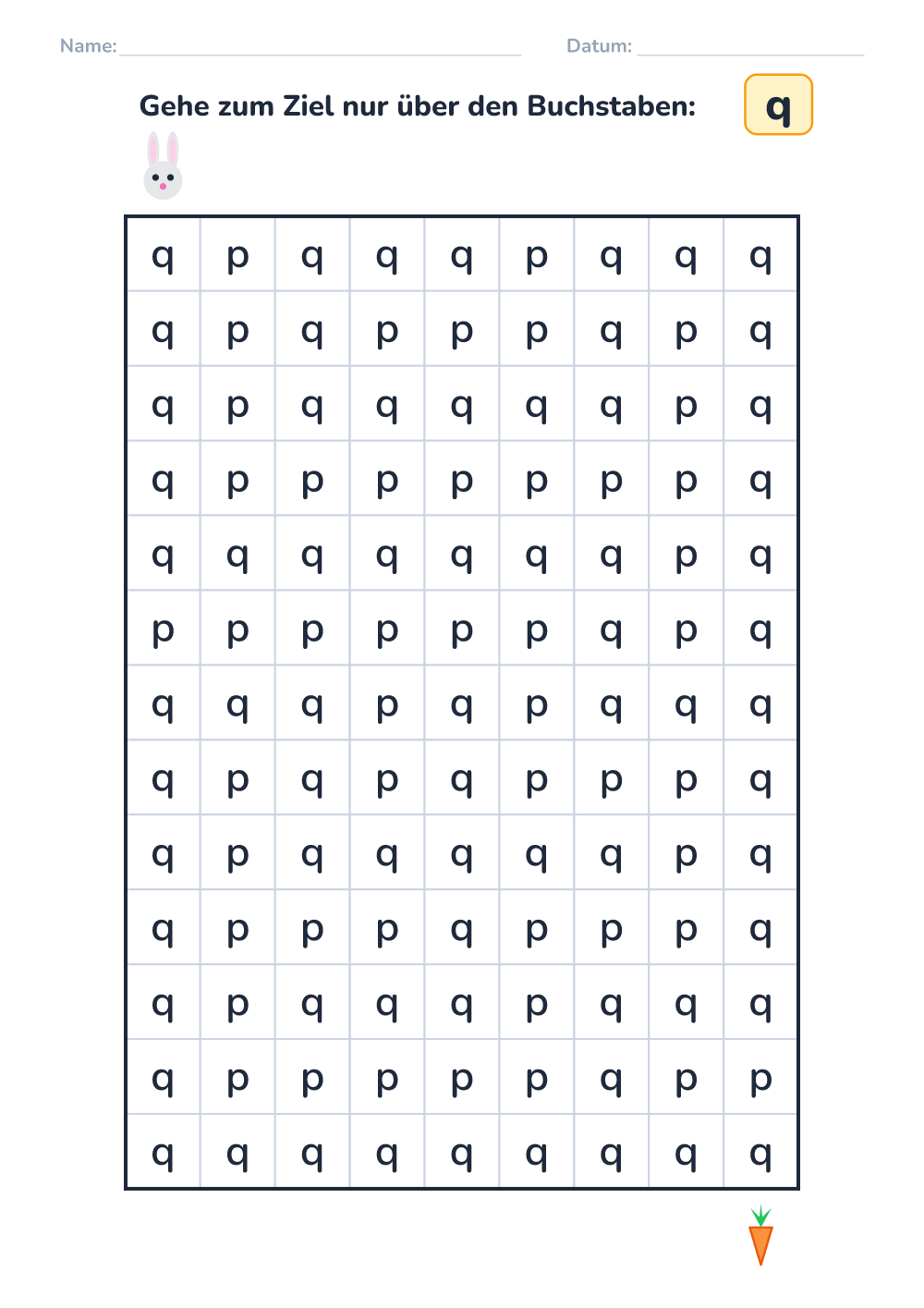 Buchstaben-Labyrinth q (mittel, zum Ausdrucken)