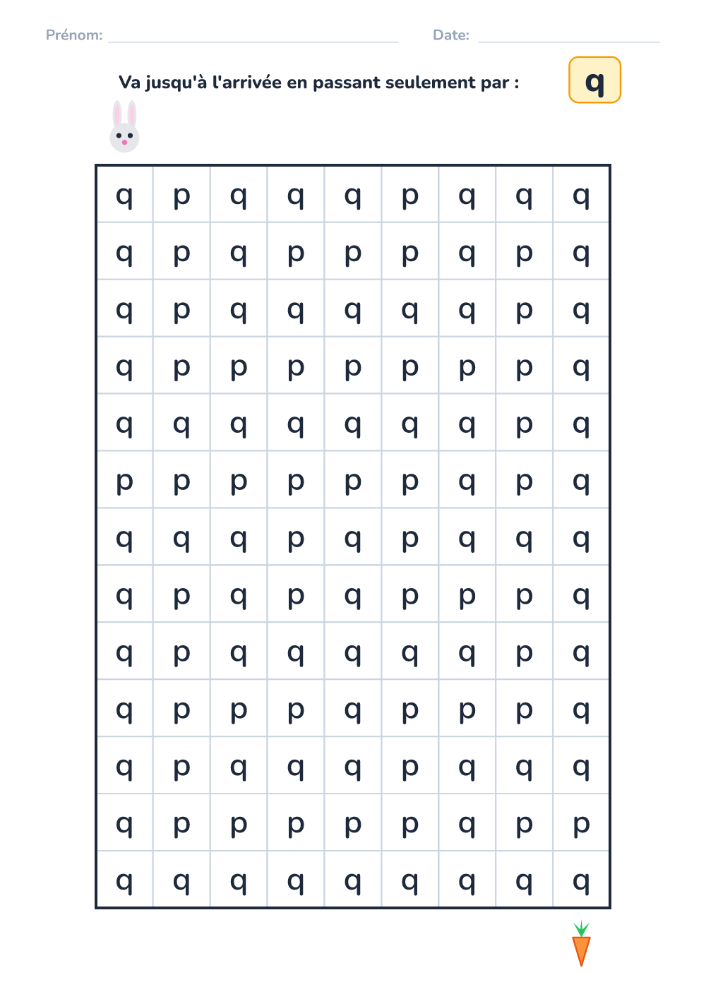 Labyrinthe de lettres q (moyen, à imprimer)