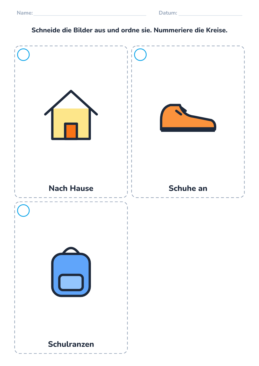 Bildergeschichte ordnen — Schultag (leicht, zum Ausdrucken)