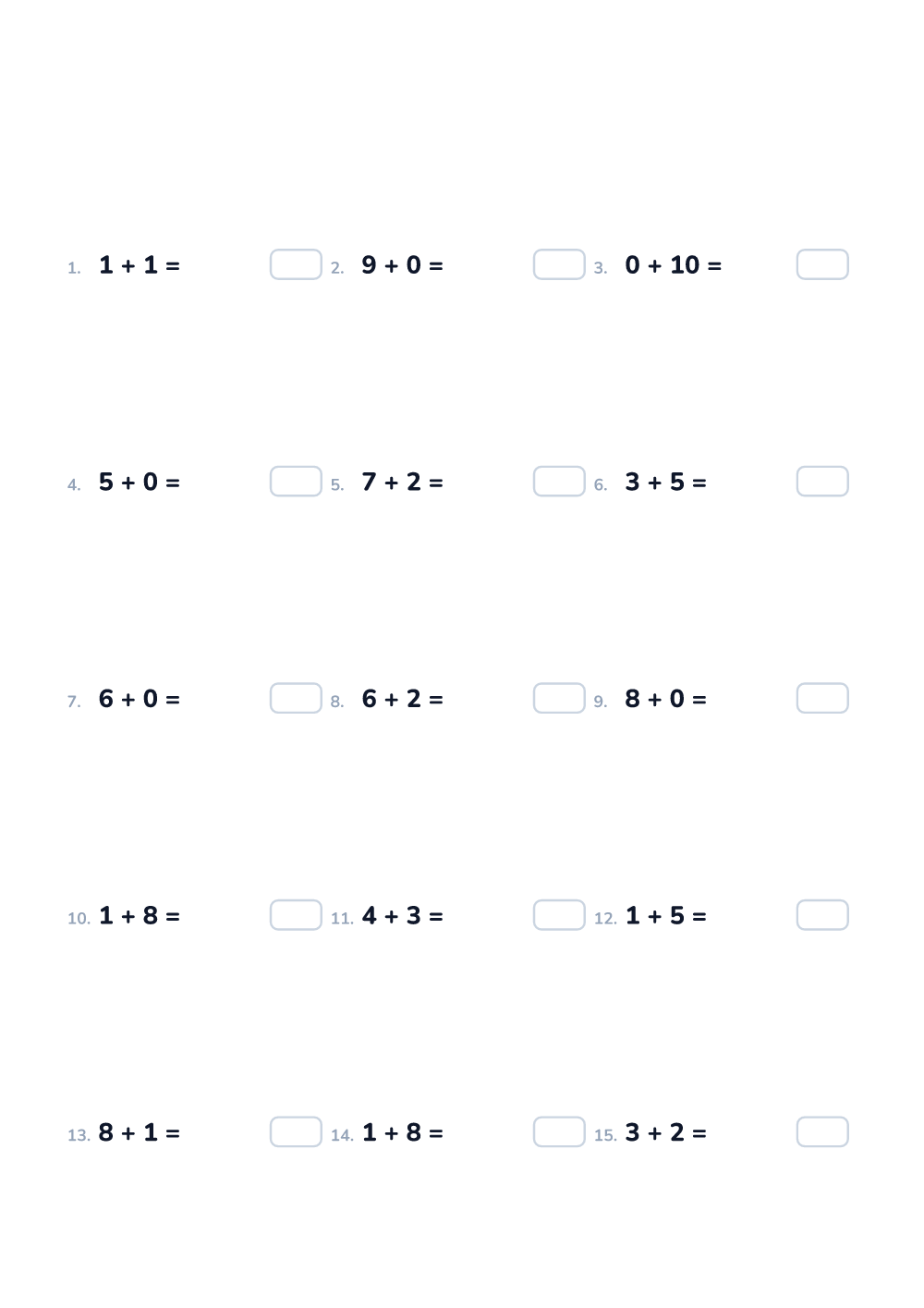Math worksheet — Addition up to 10, easy (printable)