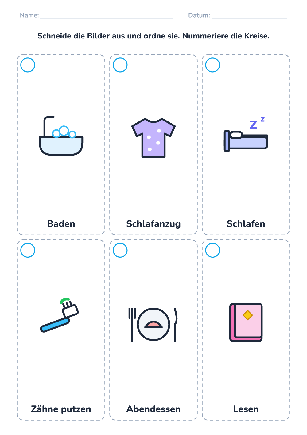 Bildergeschichte ordnen — Abend (schwer, zum Ausdrucken)