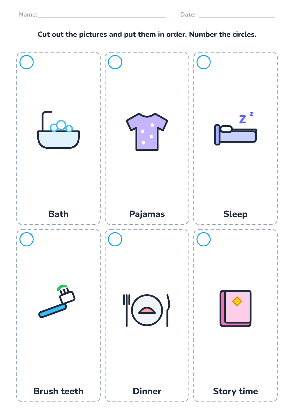 Picture sequencing — evening (hard, printable)
