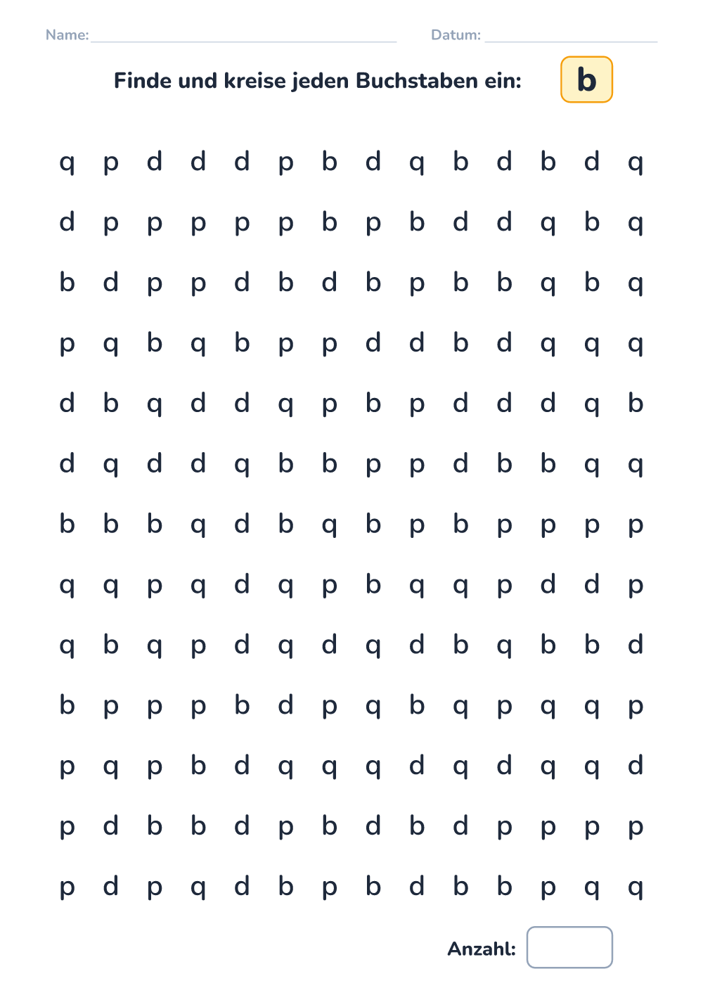 Buchstaben unterscheiden b (schwer, zum Ausdrucken)