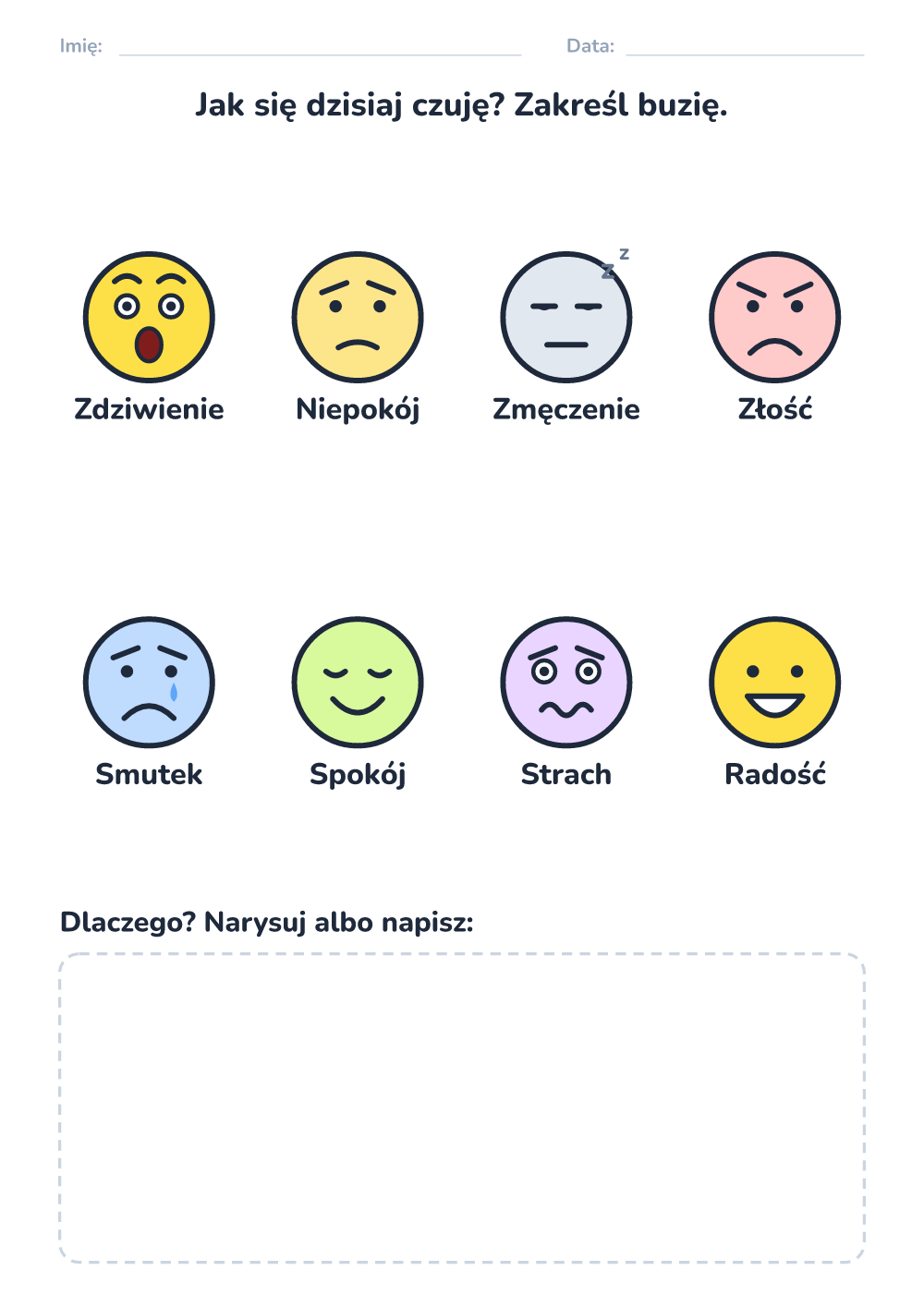 Emocje – karta pracy — jak się dziś czuję (trudny, do druku)