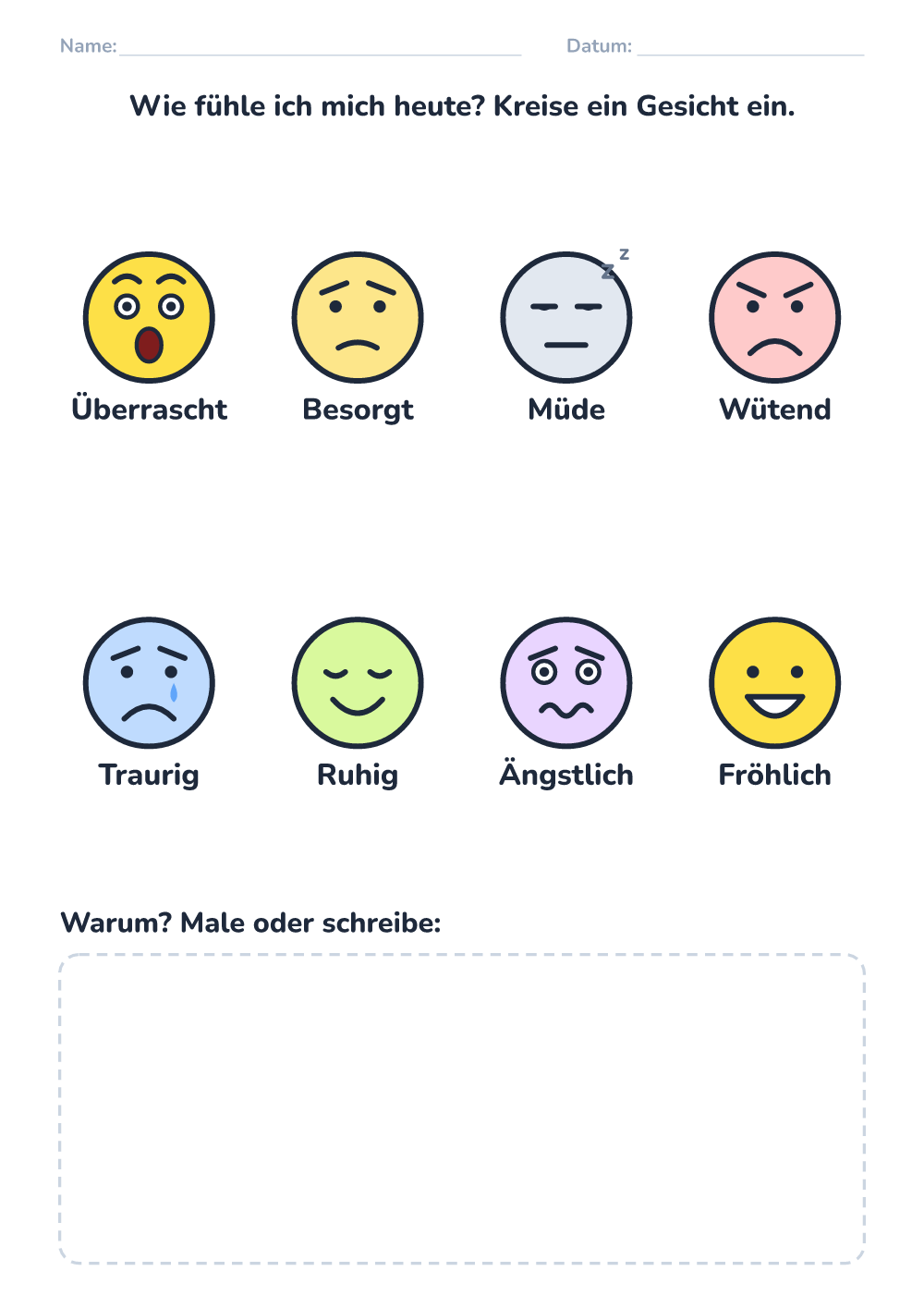 Gefühle – Arbeitsblatt — wie fühle ich mich heute (schwer, zum Ausdrucken)