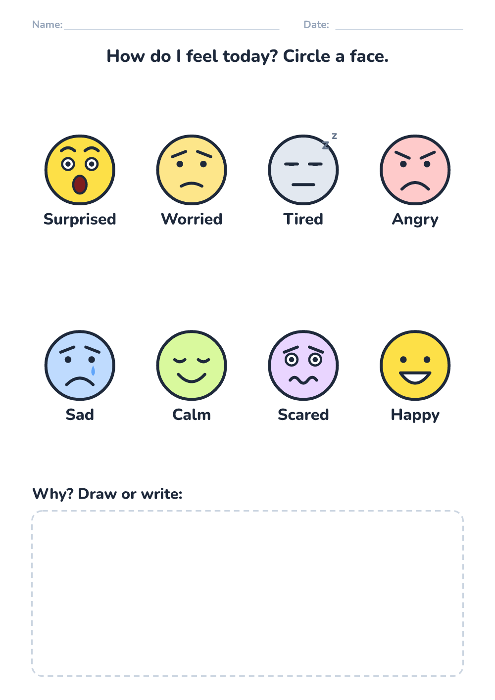 Emotions worksheet — how I feel today (hard, printable)