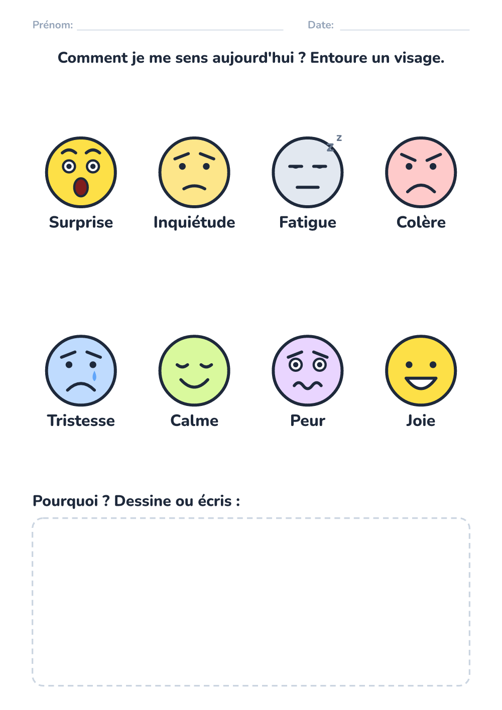 Émotions – fiche — comment je me sens (difficile, à imprimer)