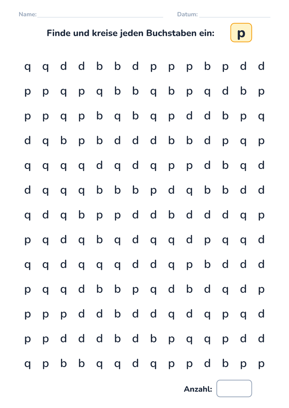 Buchstaben unterscheiden p (schwer, zum Ausdrucken)