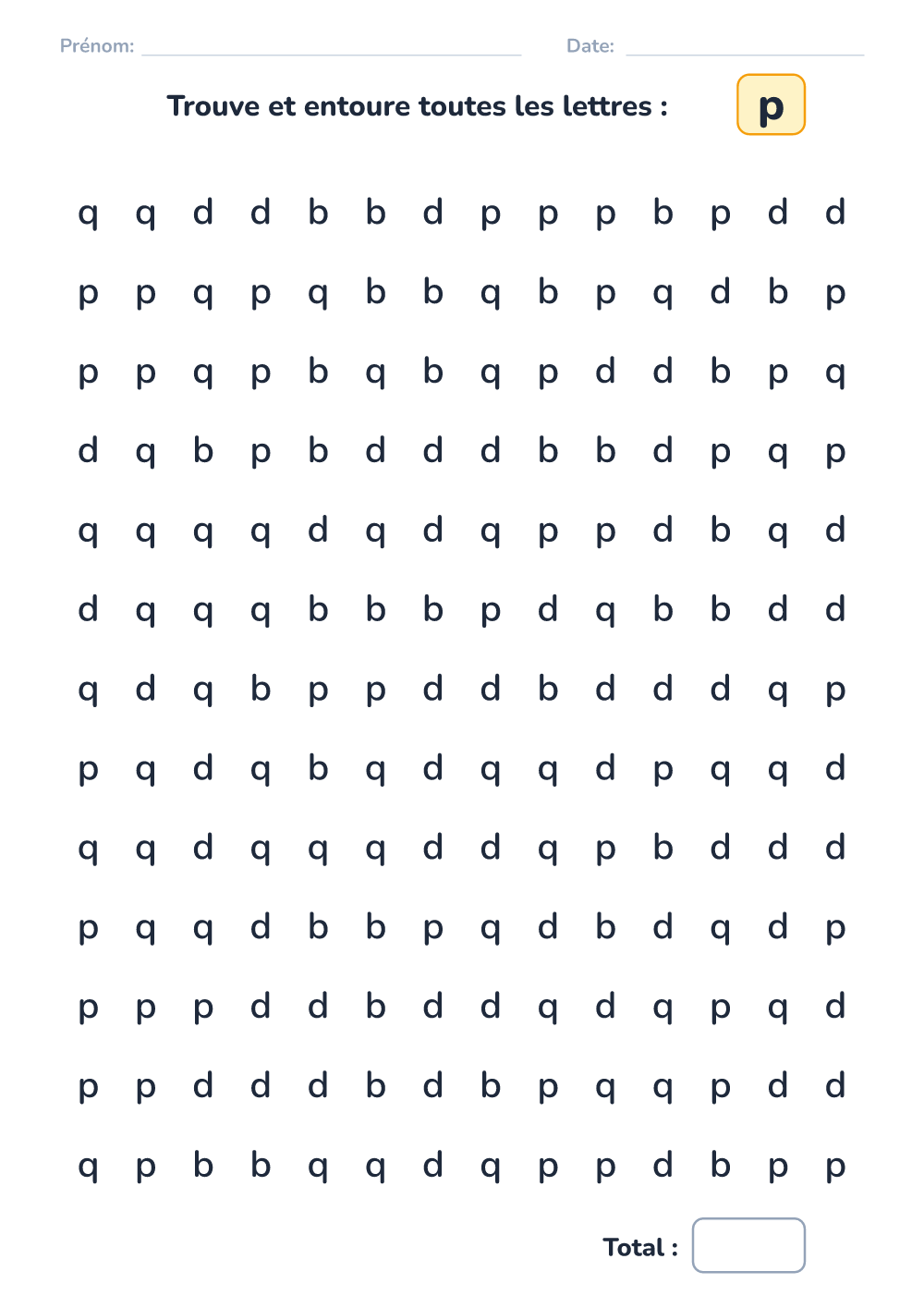 Discrimination des lettres p (difficile, à imprimer)