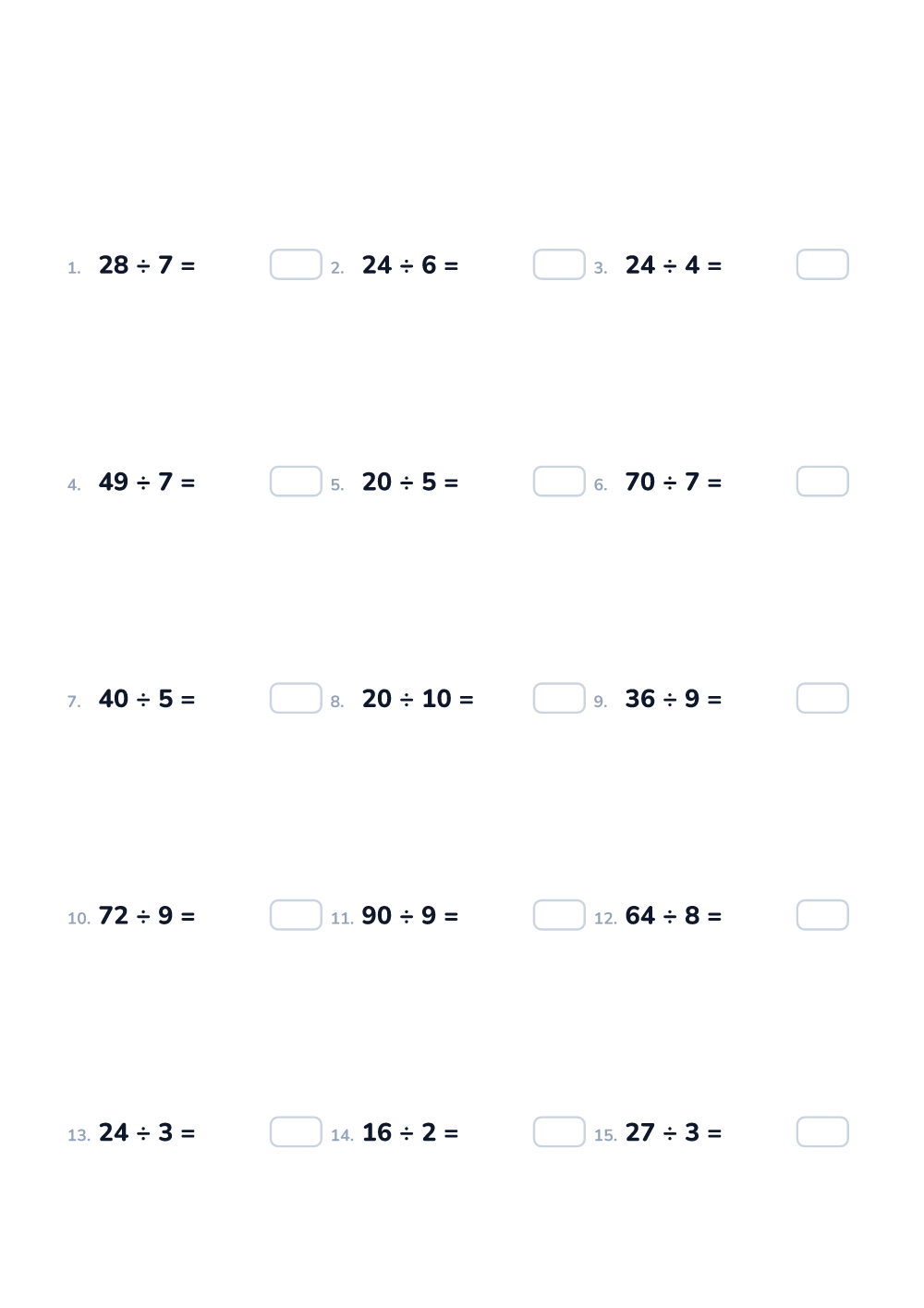 Math worksheet — Division, medium (printable)