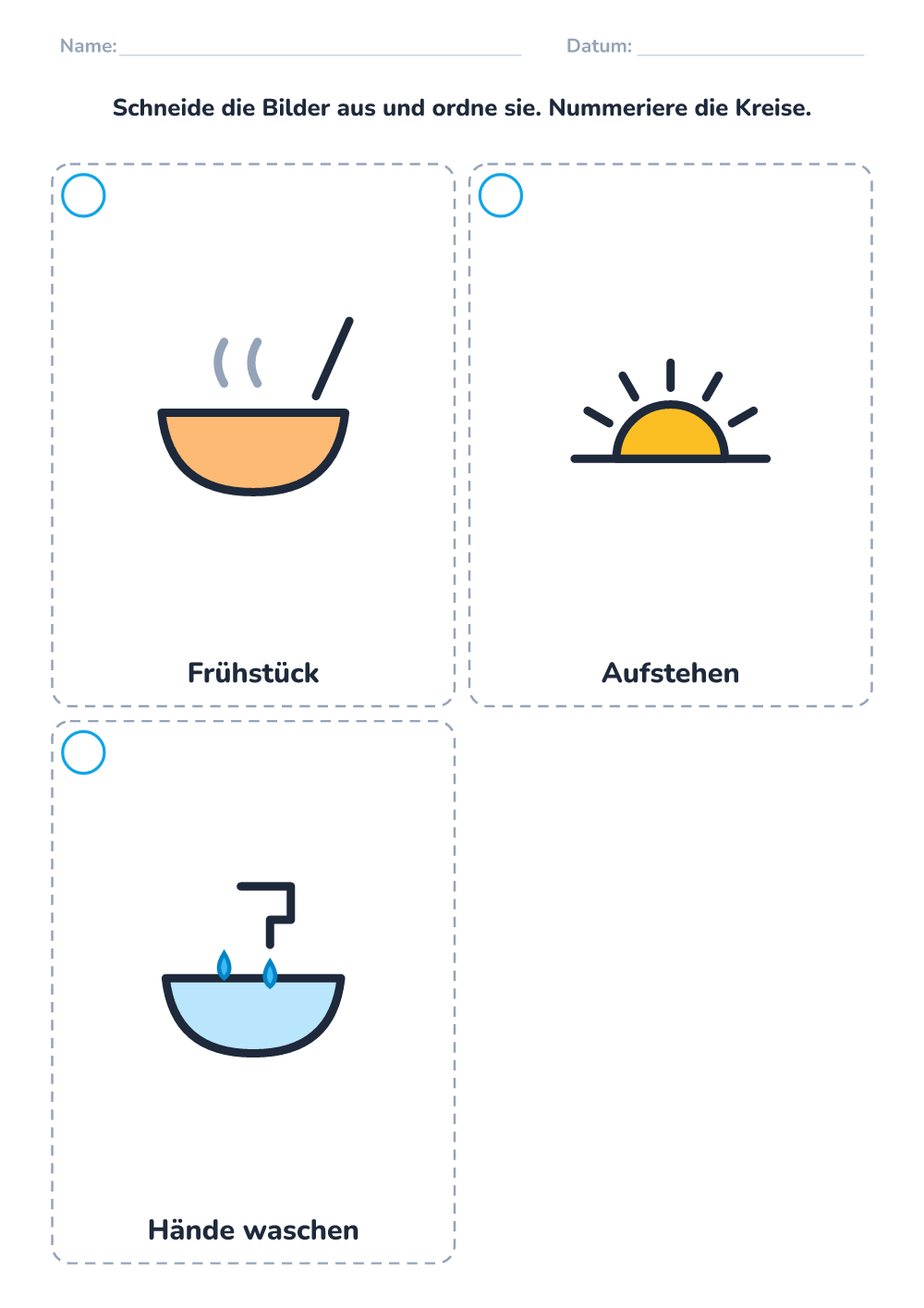 Bildergeschichte ordnen — Morgen (leicht, zum Ausdrucken)