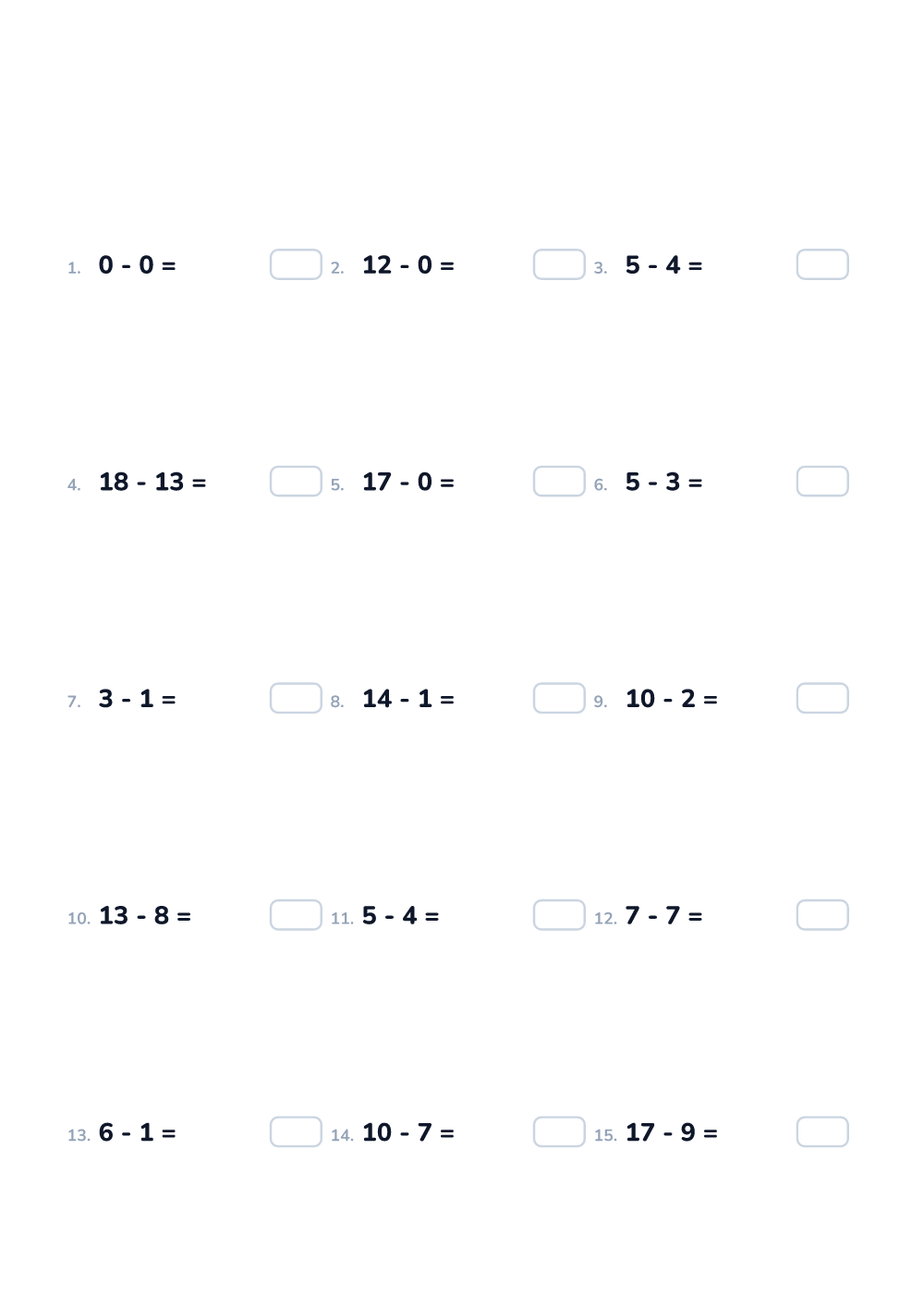 Math worksheet — Subtraction up to 20, medium (printable)