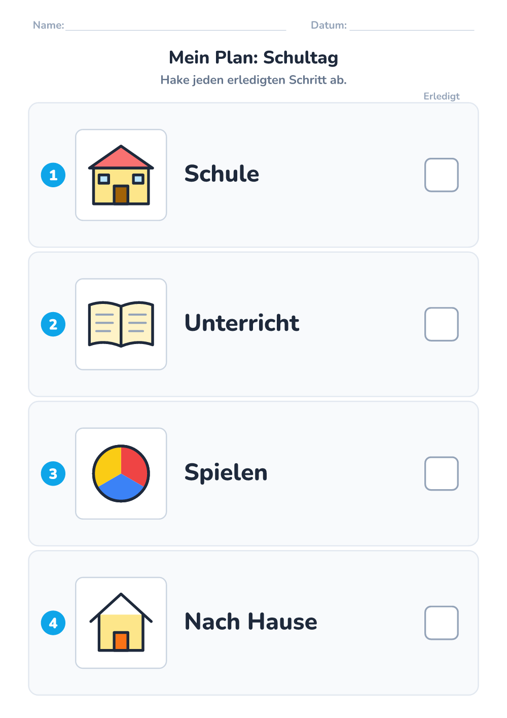 Bilder-Tagesplan — Schultag (leicht, zum Ausdrucken)