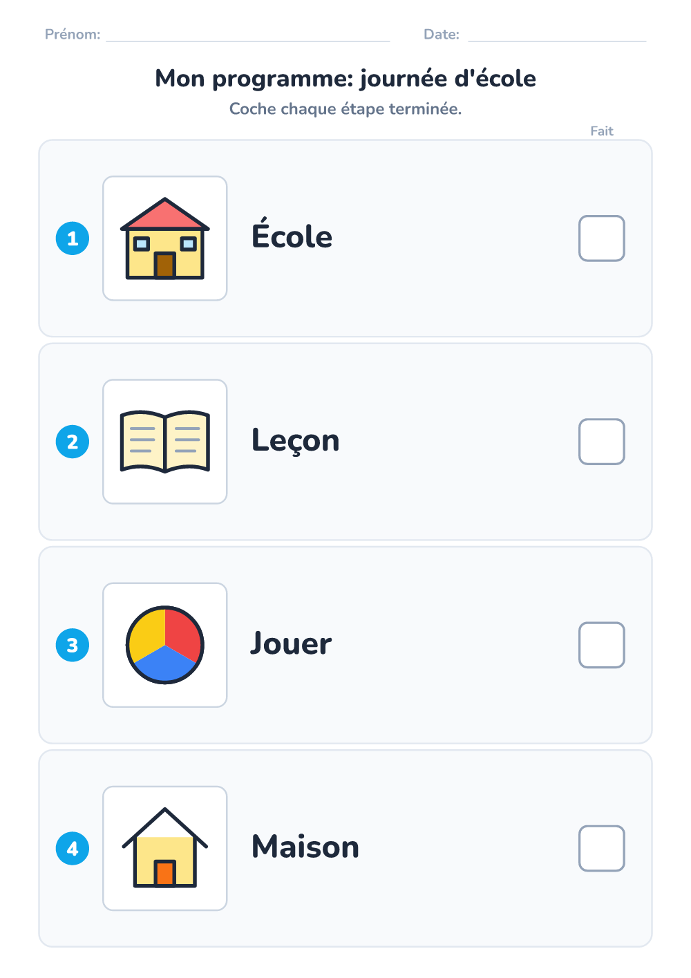 Emploi du temps visuel — journée d'école (facile, à imprimer)