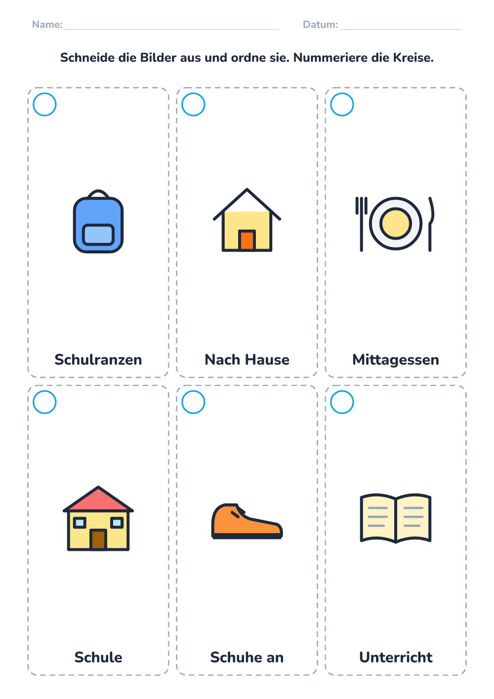 Bildergeschichte ordnen — Schultag (schwer, zum Ausdrucken)