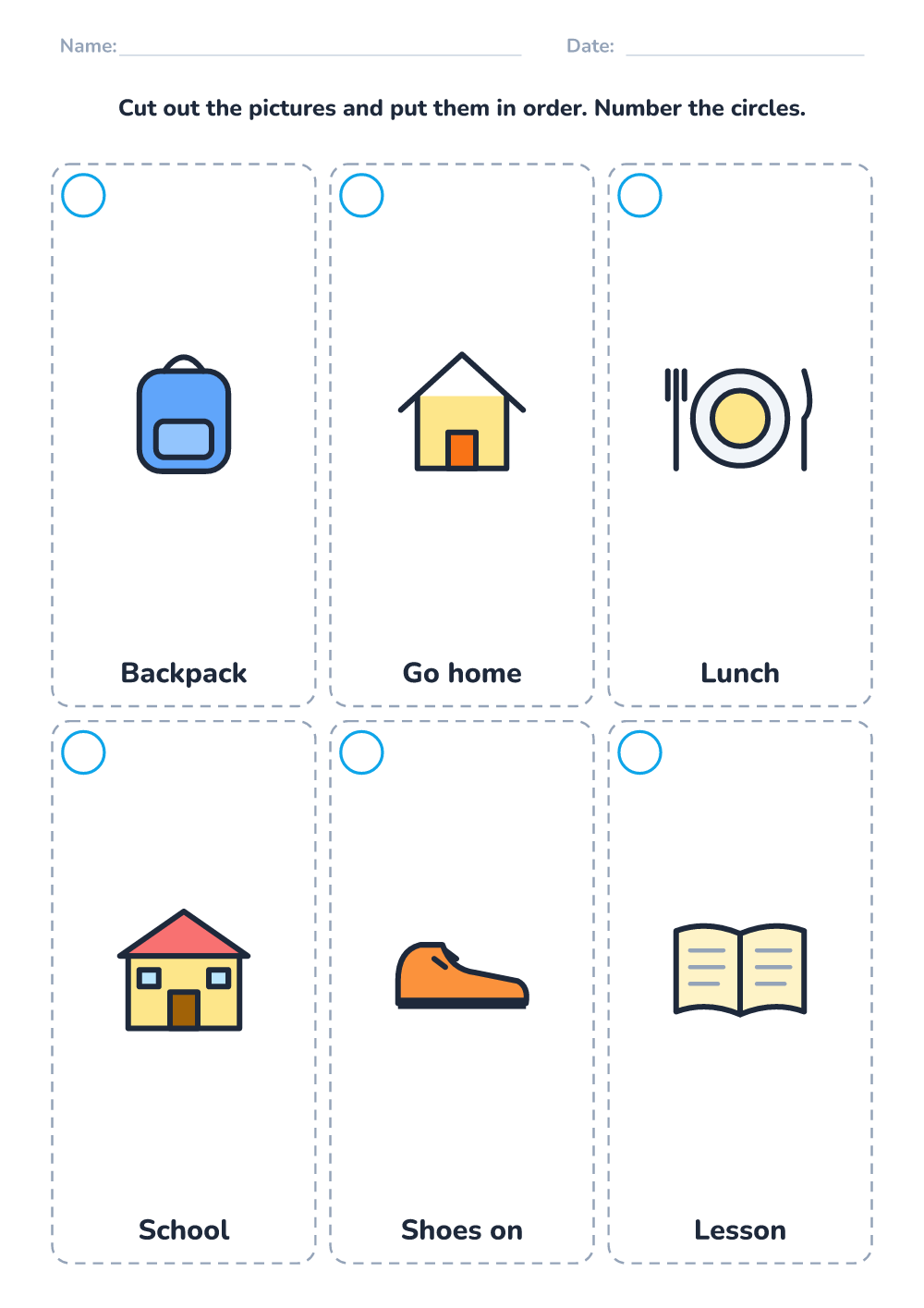 Picture sequencing — school day (hard, printable)