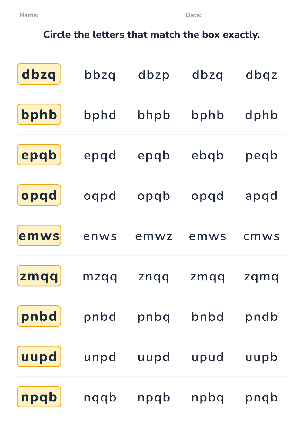 Letter sequence matching (medium, printable)