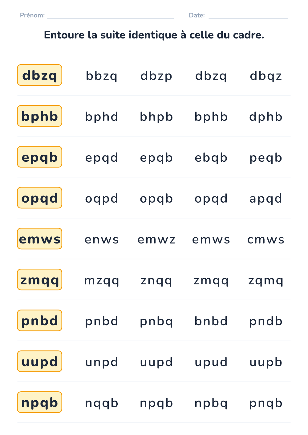 Suites de lettres identiques (moyen, à imprimer)