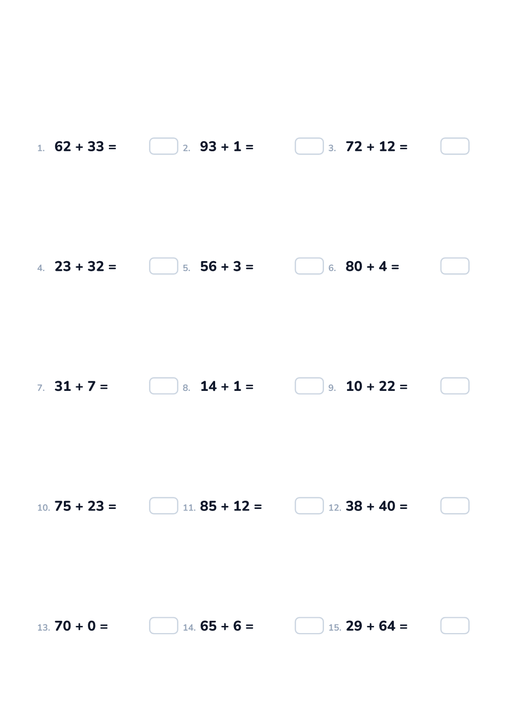 Math worksheet — Addition up to 100, hard (printable)