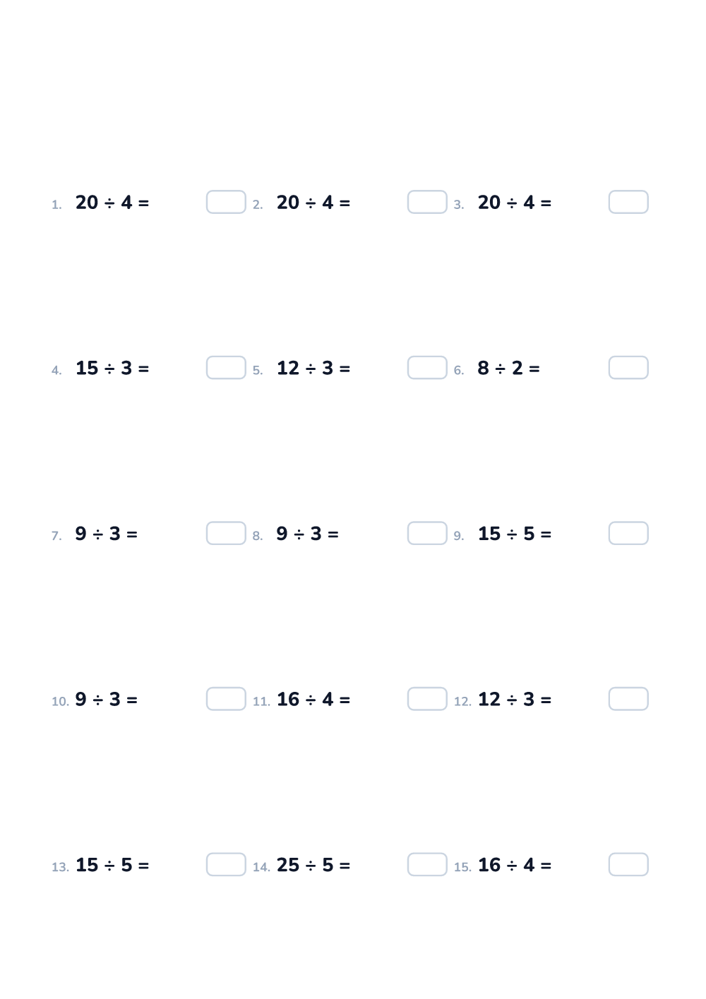Math worksheet — Division, easy (printable)