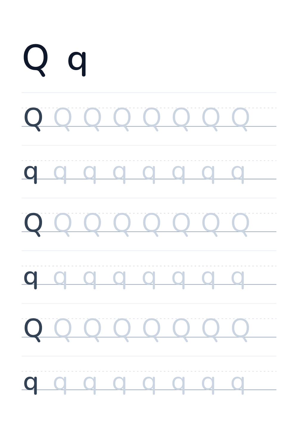 Impara a scrivere la lettera Q — alfabeto inglese (da stampare)