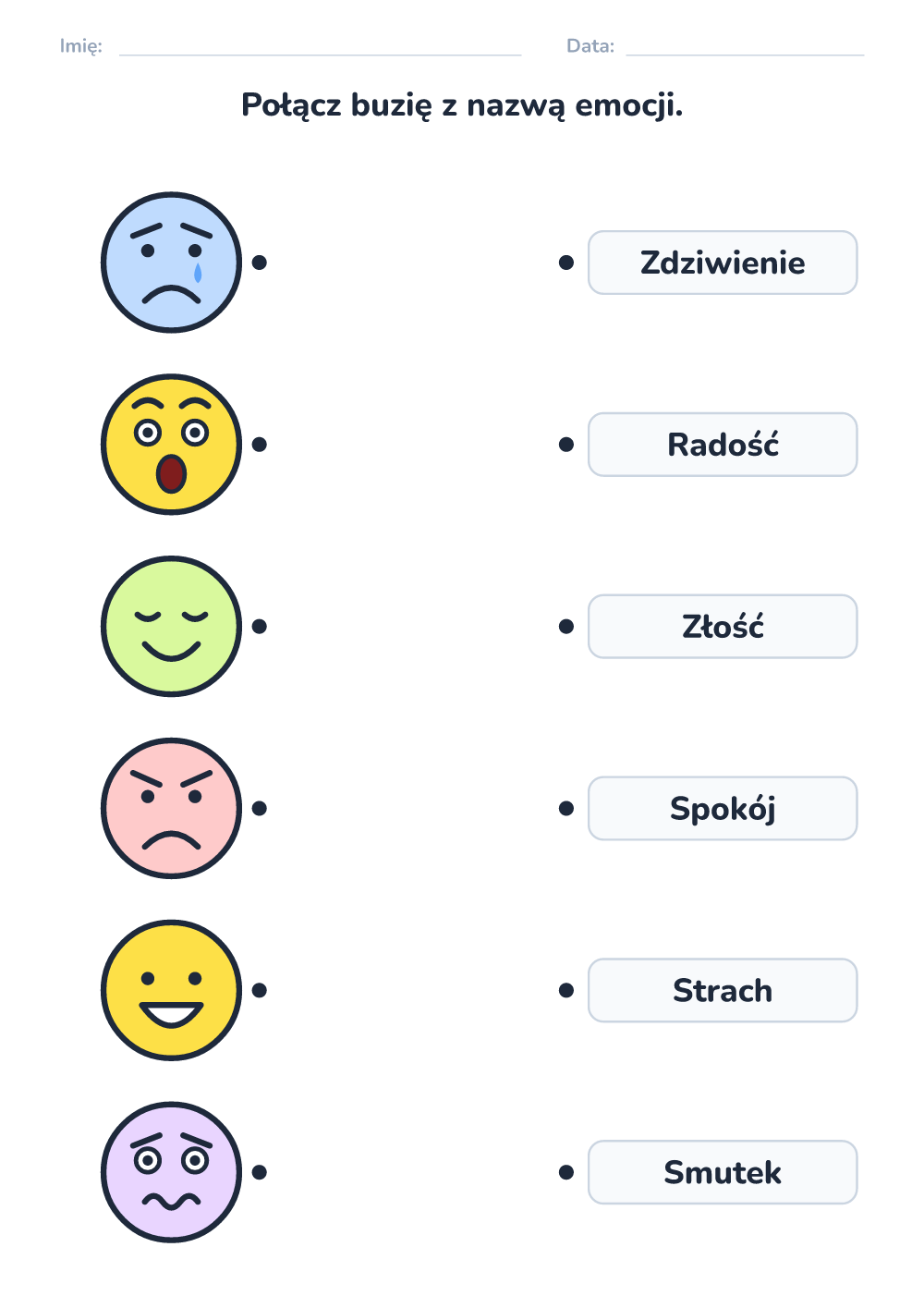 Emocje – karta pracy — połącz buzię z nazwą (średni, do druku)