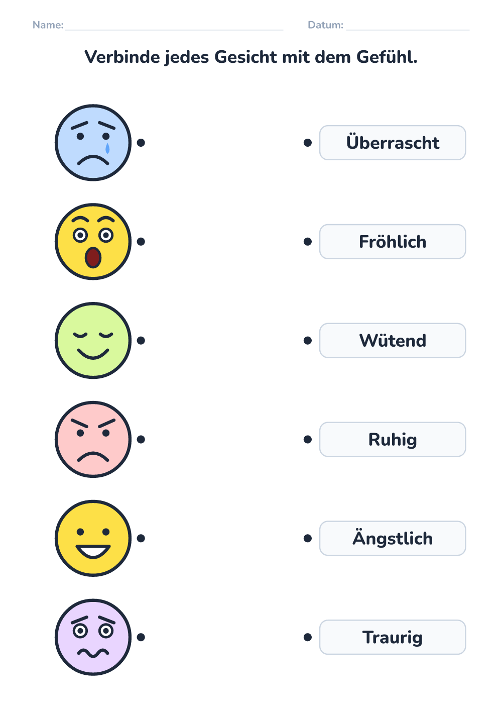 Gefühle – Arbeitsblatt — Gesicht und Wort verbinden (mittel, zum Ausdrucken)