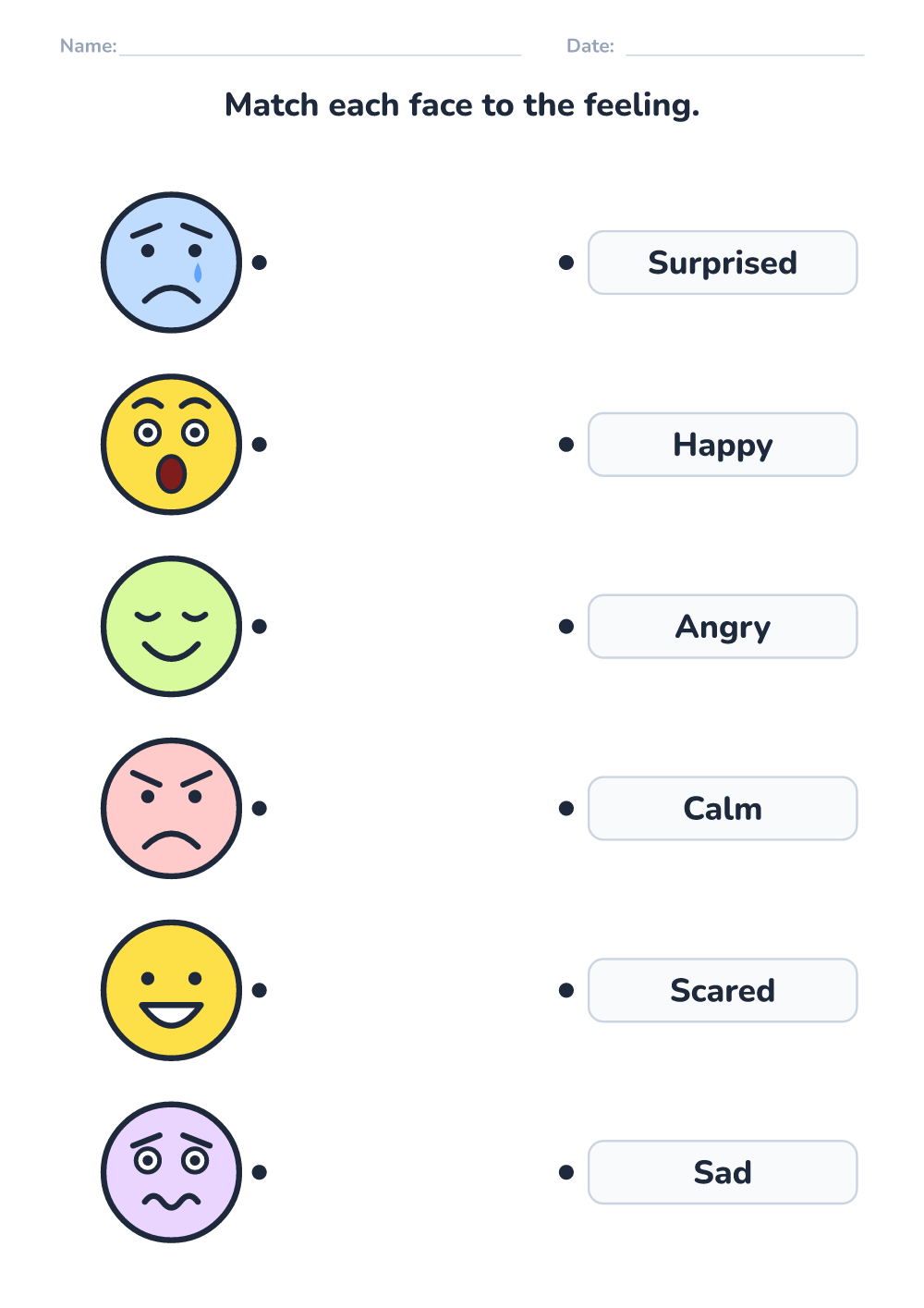 Emotions worksheet — match face and word (medium, printable)