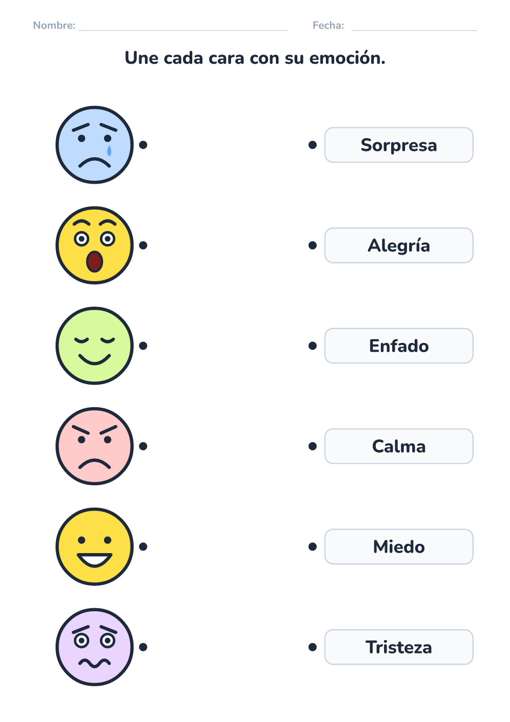Emociones – ficha — une cara y nombre (medio, para imprimir)