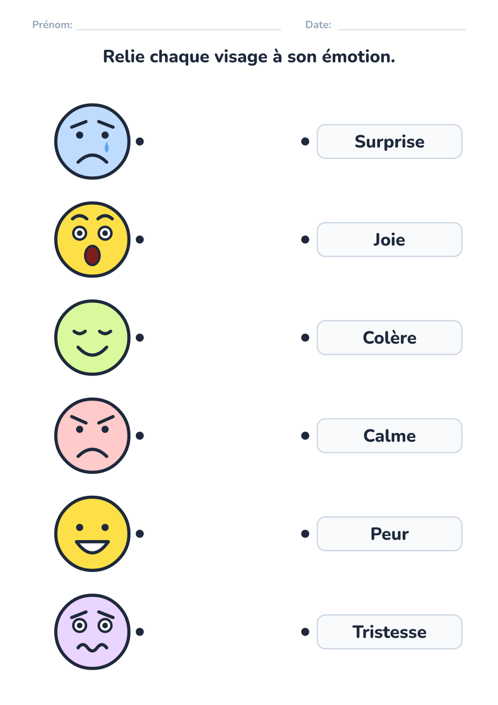 Émotions – fiche — relie visage et mot (moyen, à imprimer)