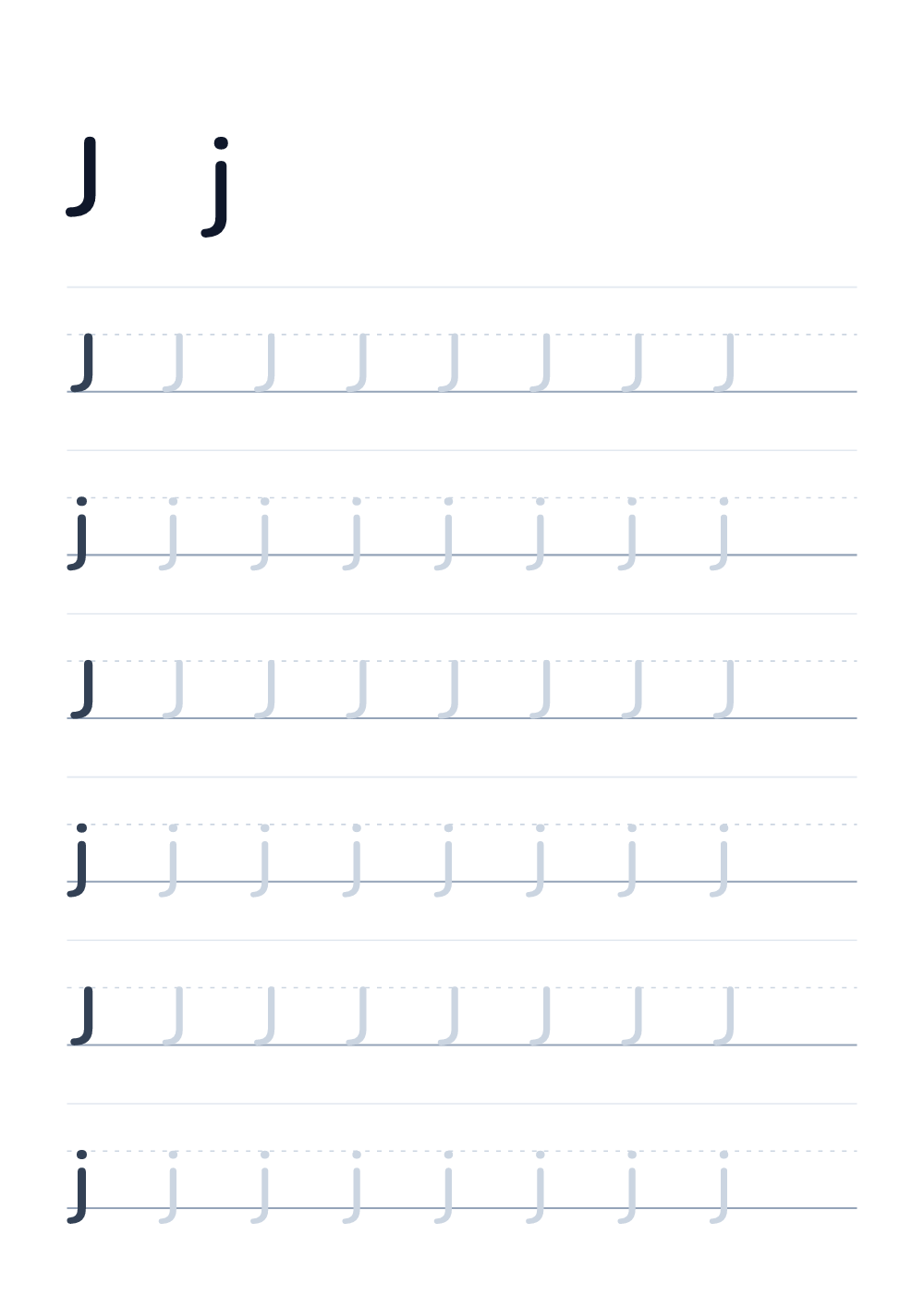 Scheda per imparare a scrivere la lettera J — alfabeto English (da stampare)