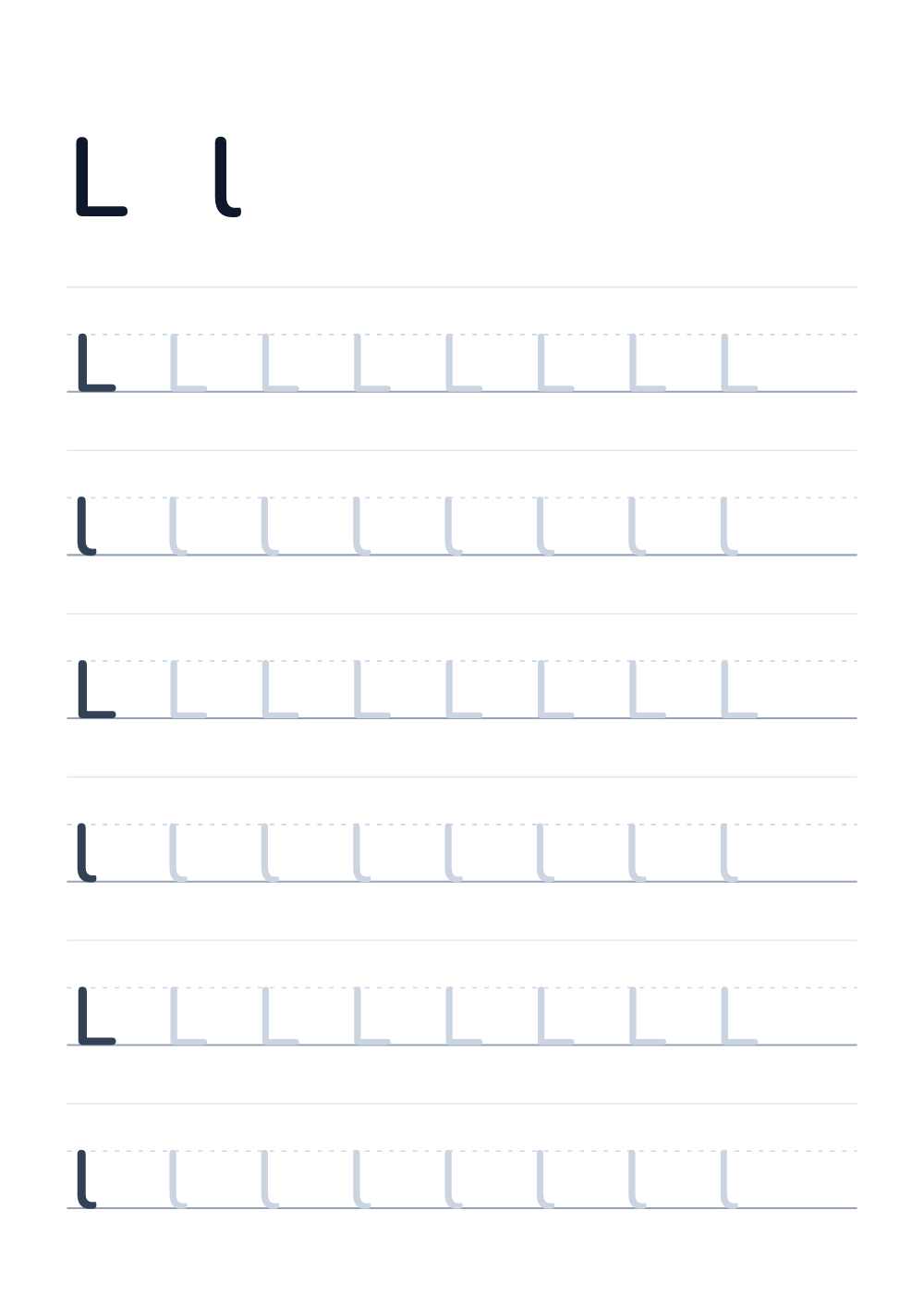 Imparare a scrivere la lettera L — alfabeto English (da stampare)