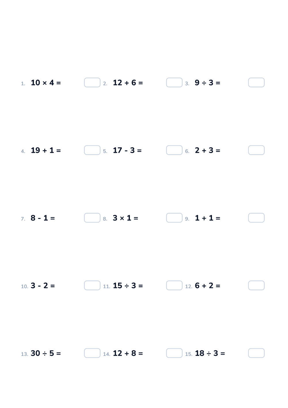 Math worksheet — Mixed operations up to 20, medium (printable)