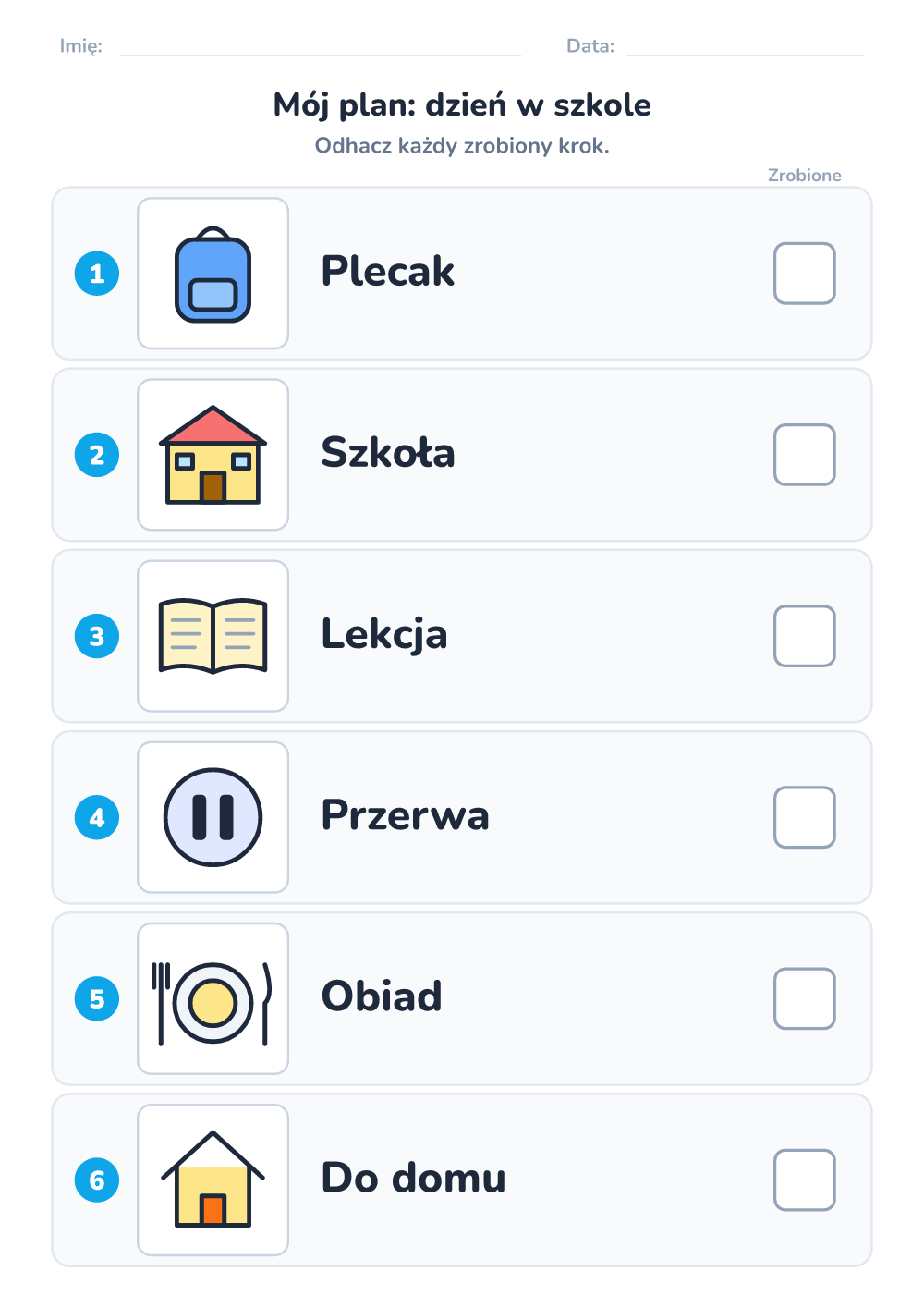 Plan dnia z obrazkami — dzień w szkole (średni, do druku)