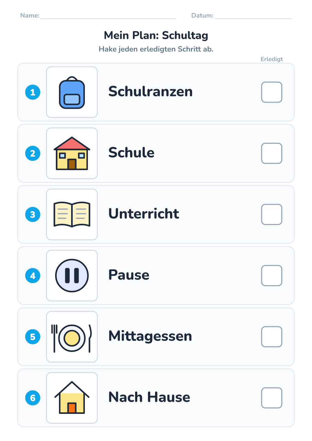 Bilder-Tagesplan — Schultag (mittel, zum Ausdrucken)