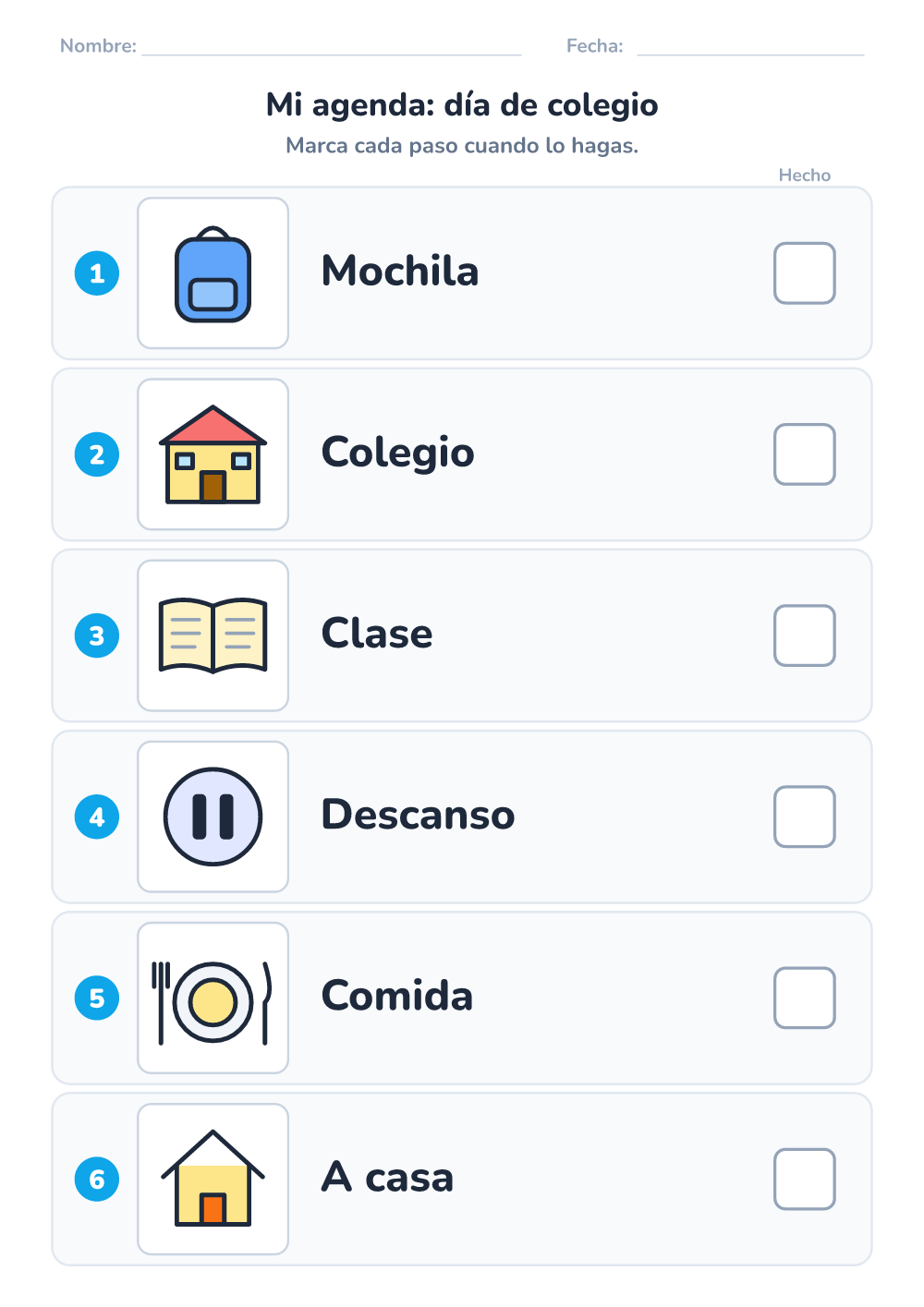 Agenda visual — día de colegio (medio, para imprimir)