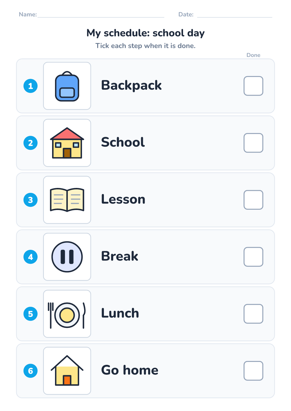 Visual schedule — school day (medium, printable)