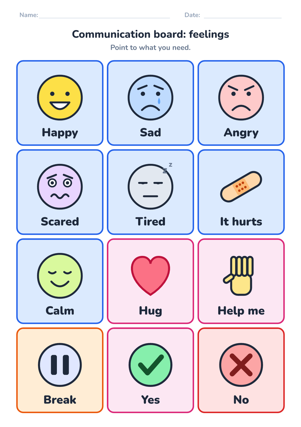 Communication board — feelings (hard, printable)