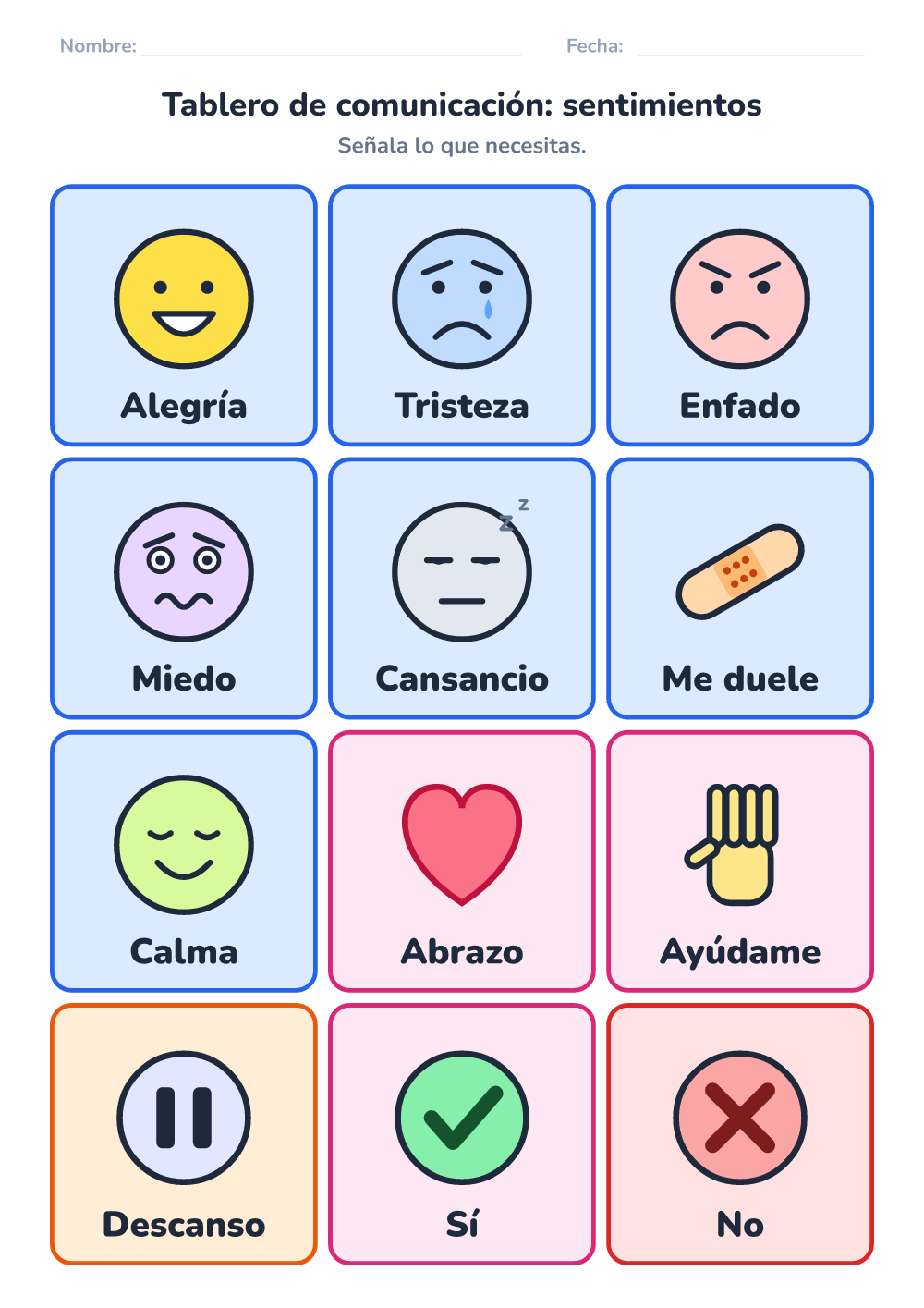 Tablero de comunicación — sentimientos (difícil, para imprimir)