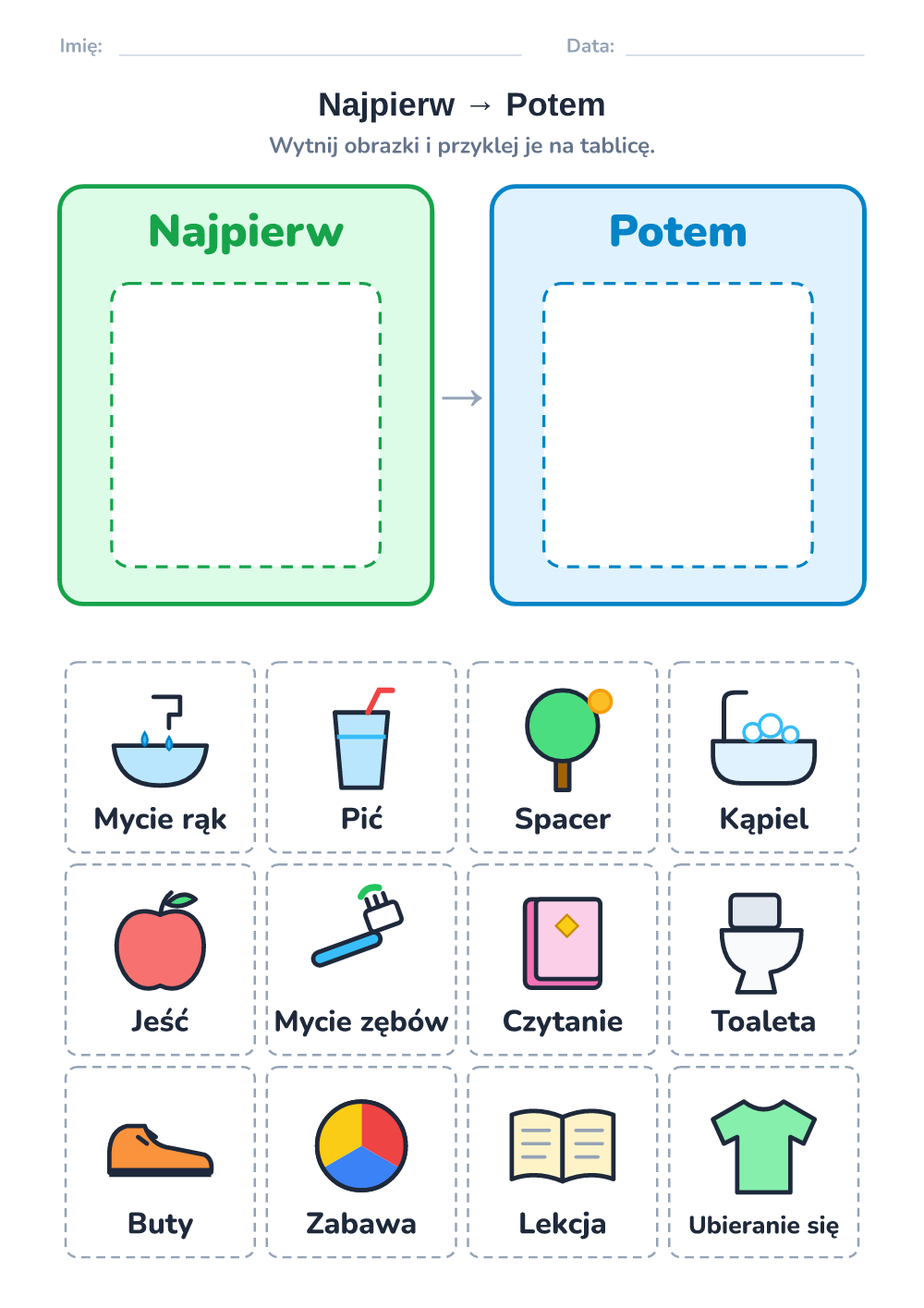 Plan dnia z obrazkami — najpierw – potem (trudny, do druku)
