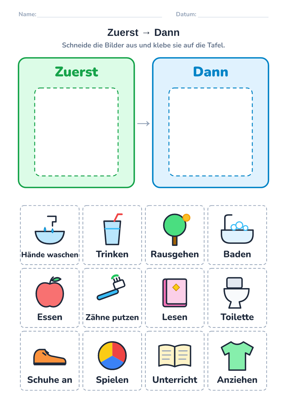 Bilder-Tagesplan — zuerst – dann (schwer, zum Ausdrucken)