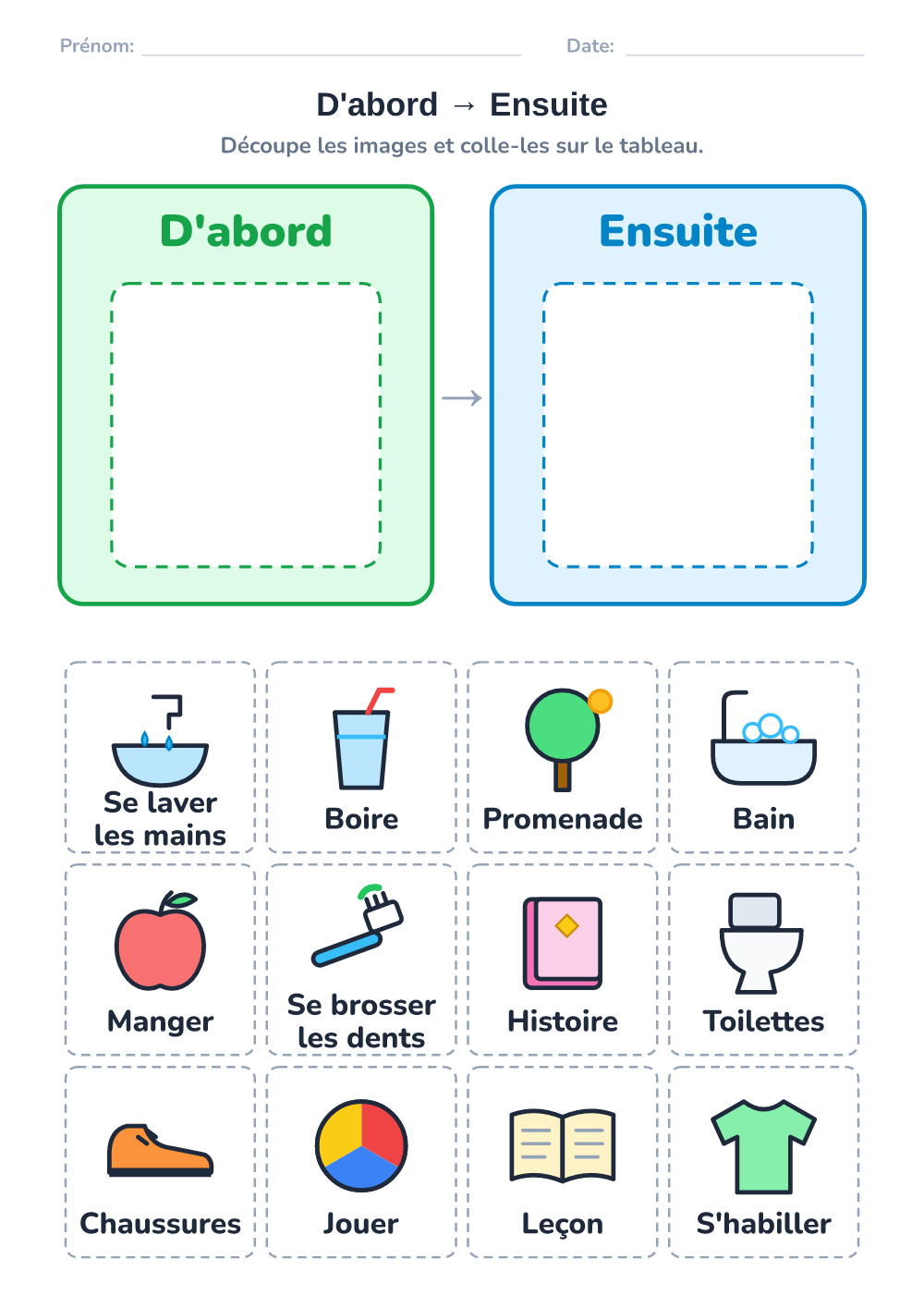 Emploi du temps visuel — d'abord – ensuite (difficile, à imprimer)
