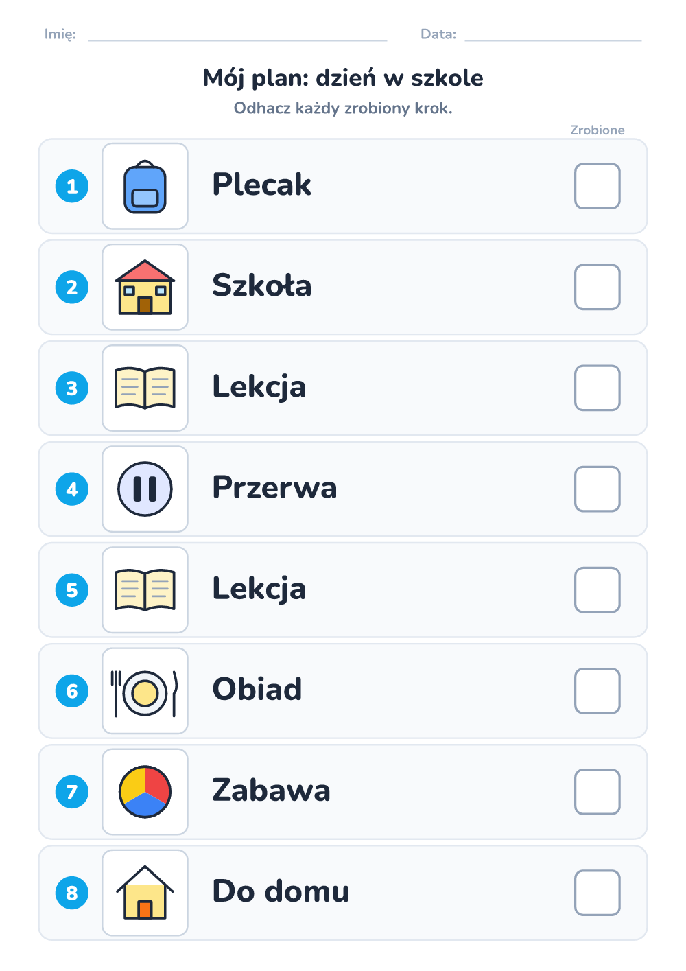 Plan dnia z obrazkami — dzień w szkole (trudny, do druku)