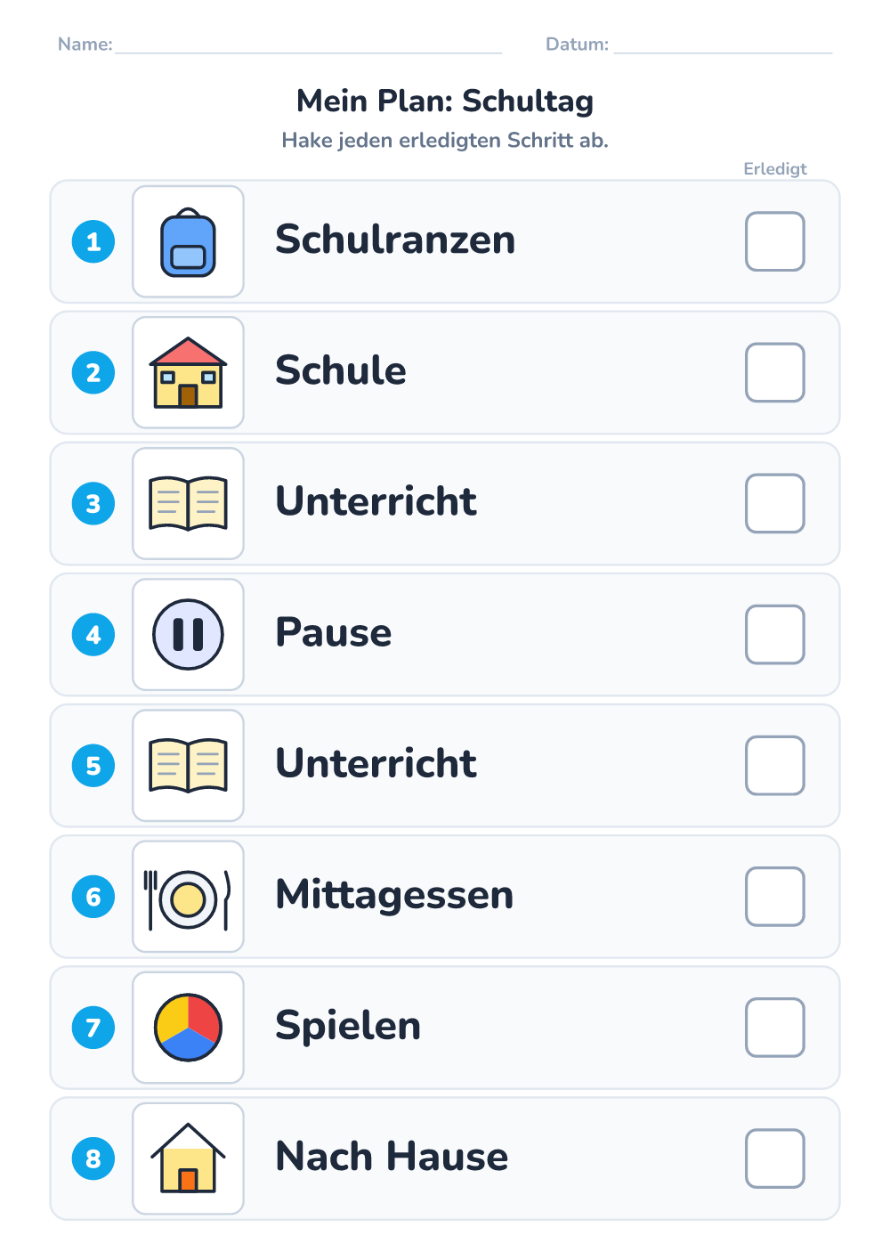 Bilder-Tagesplan — Schultag (schwer, zum Ausdrucken)