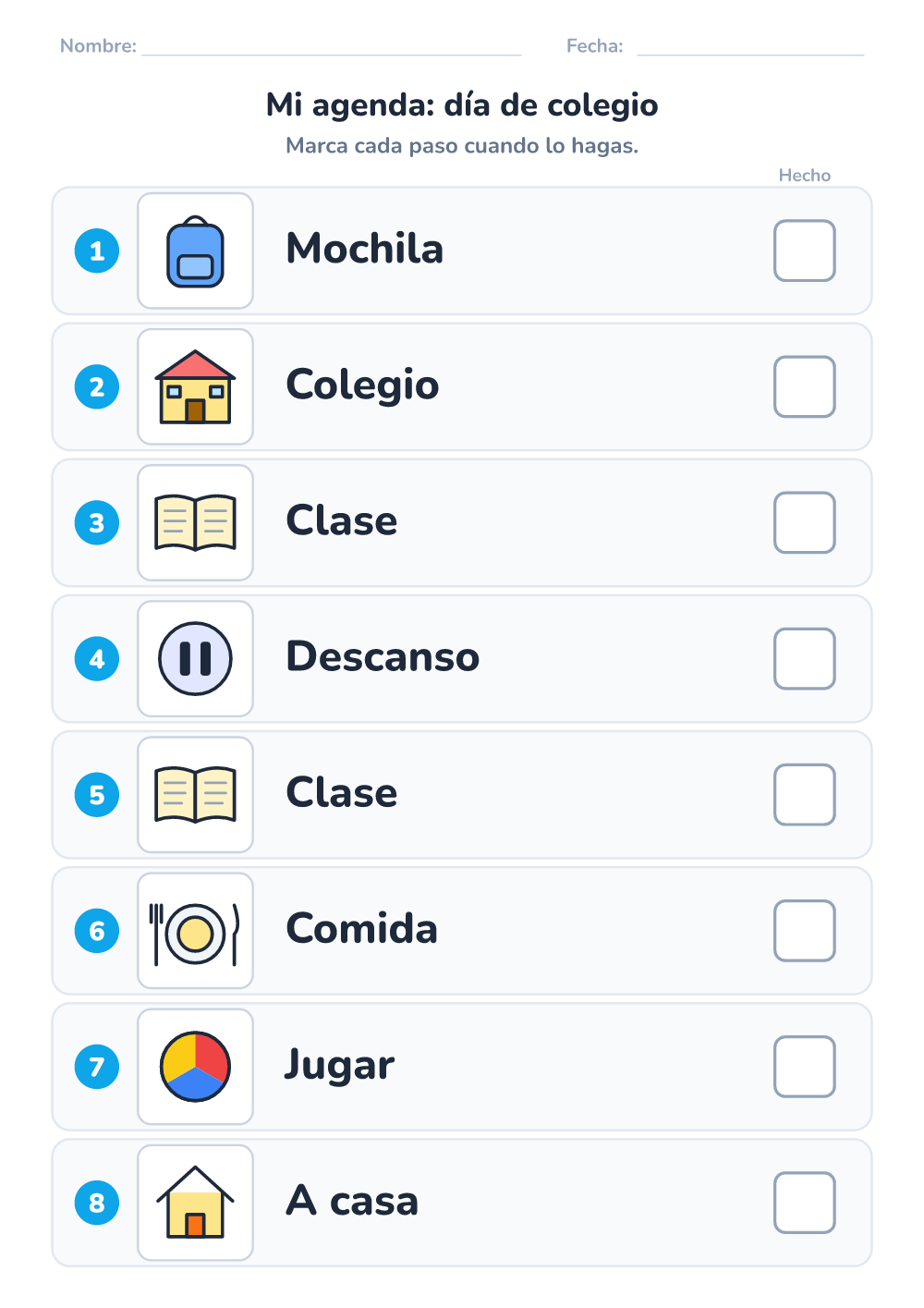 Agenda visual — día de colegio (difícil, para imprimir)