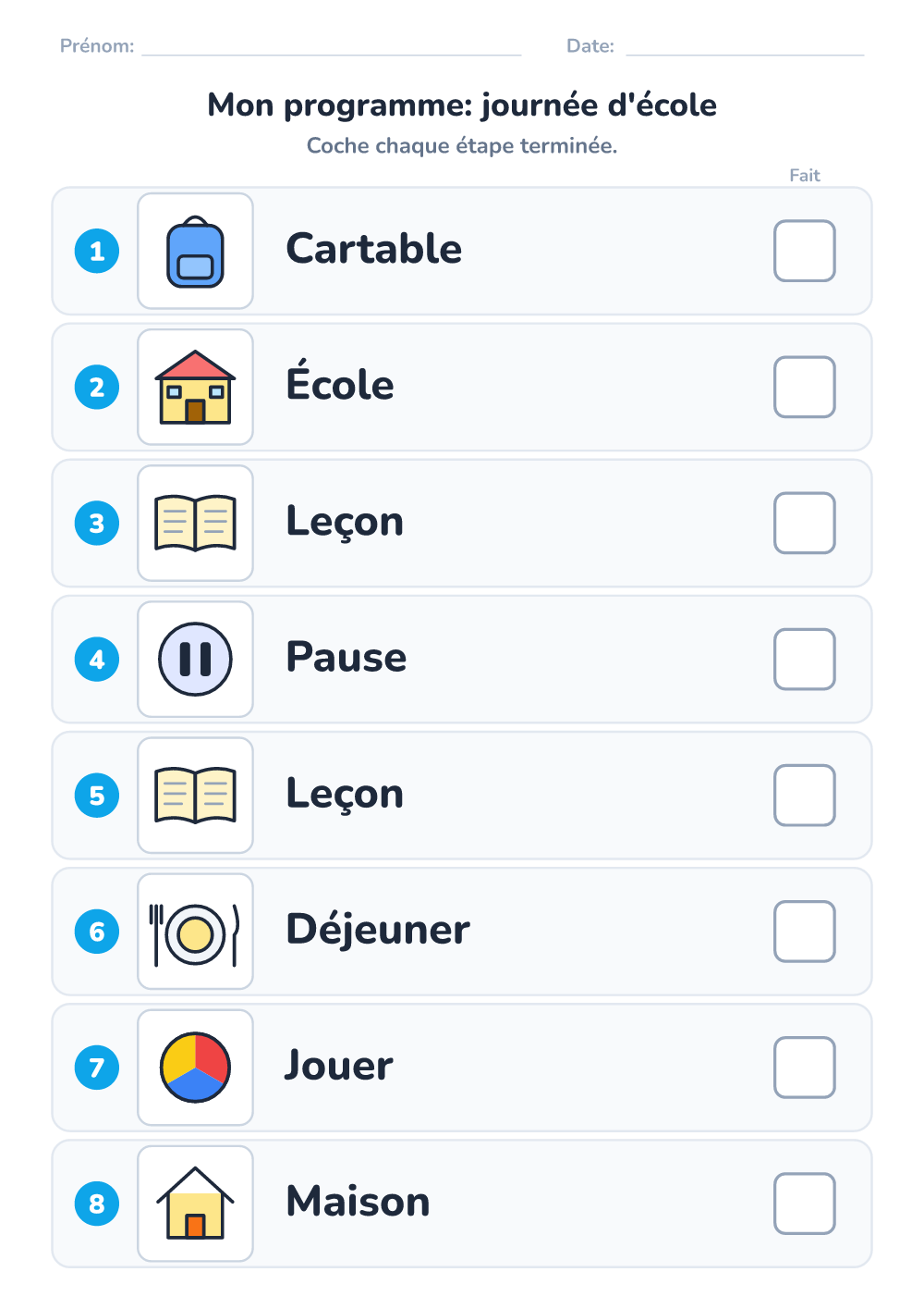 Emploi du temps visuel — journée d'école (difficile, à imprimer)