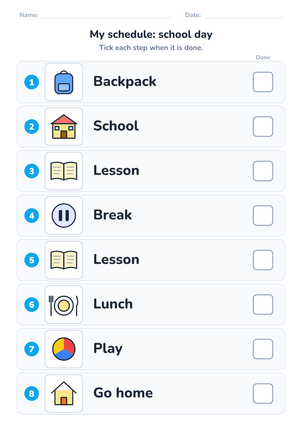 Visual schedule — school day (hard, printable)