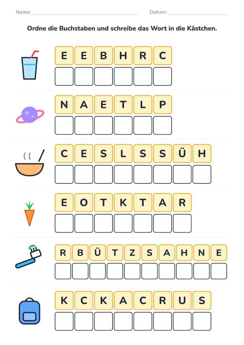 Buchstabensalat (schwer, zum Ausdrucken)